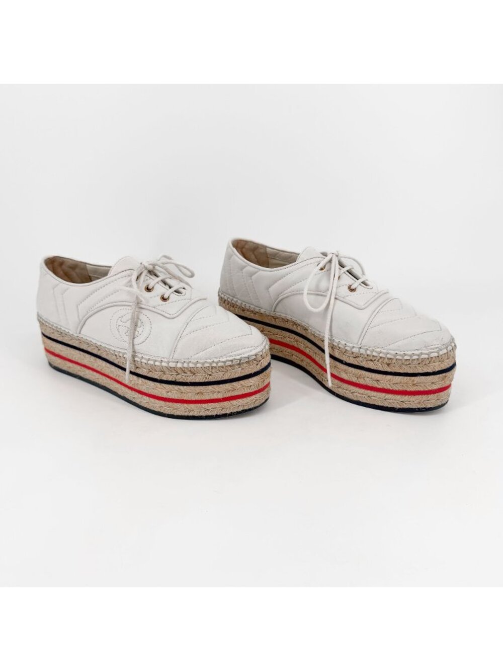 Gucci Pilar White Matelasse Leather GG Platform Espadrilles Size 37 US 7 Women's
